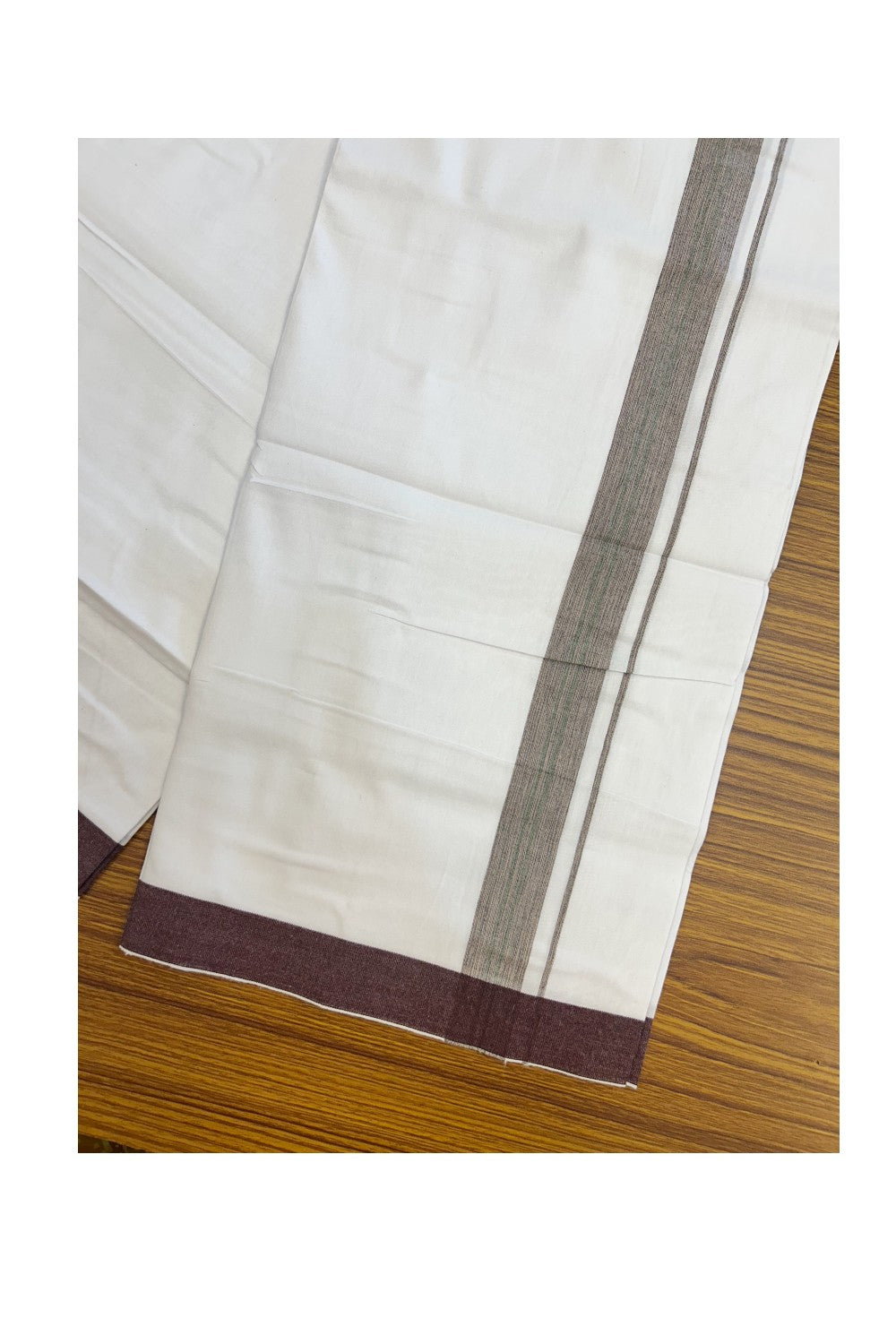 24% Discount !! KaithariKada Balaramapuram 100% Cotton Pure white Single Mundu/Dhoti - Twisted 60s Thread- 1 inch Wine & Green Shaded Striped Kara (2 meter / 4 muzham) - 15KK5241 GL