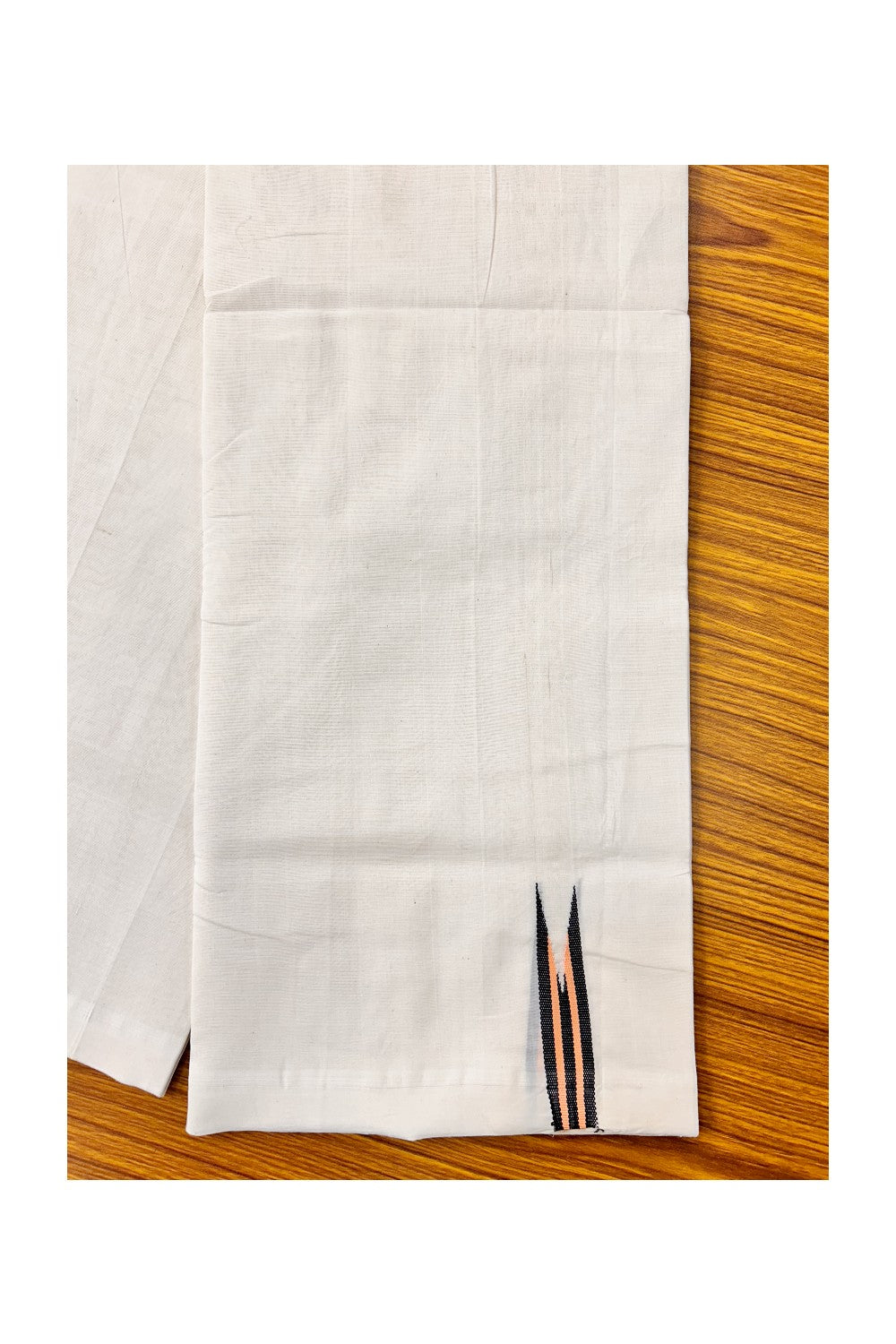 30% DISCOUNT! KaithariKada BALARAMAPURAM HANDLOOM Unakkupaav- 100% PURE Cotton 100x100 Double Mundu/Dhoti OFF WHITE (Unbleached) - PULIYILAKKARA Black+Peach 0.75 inch Chutty KARA-15RAM