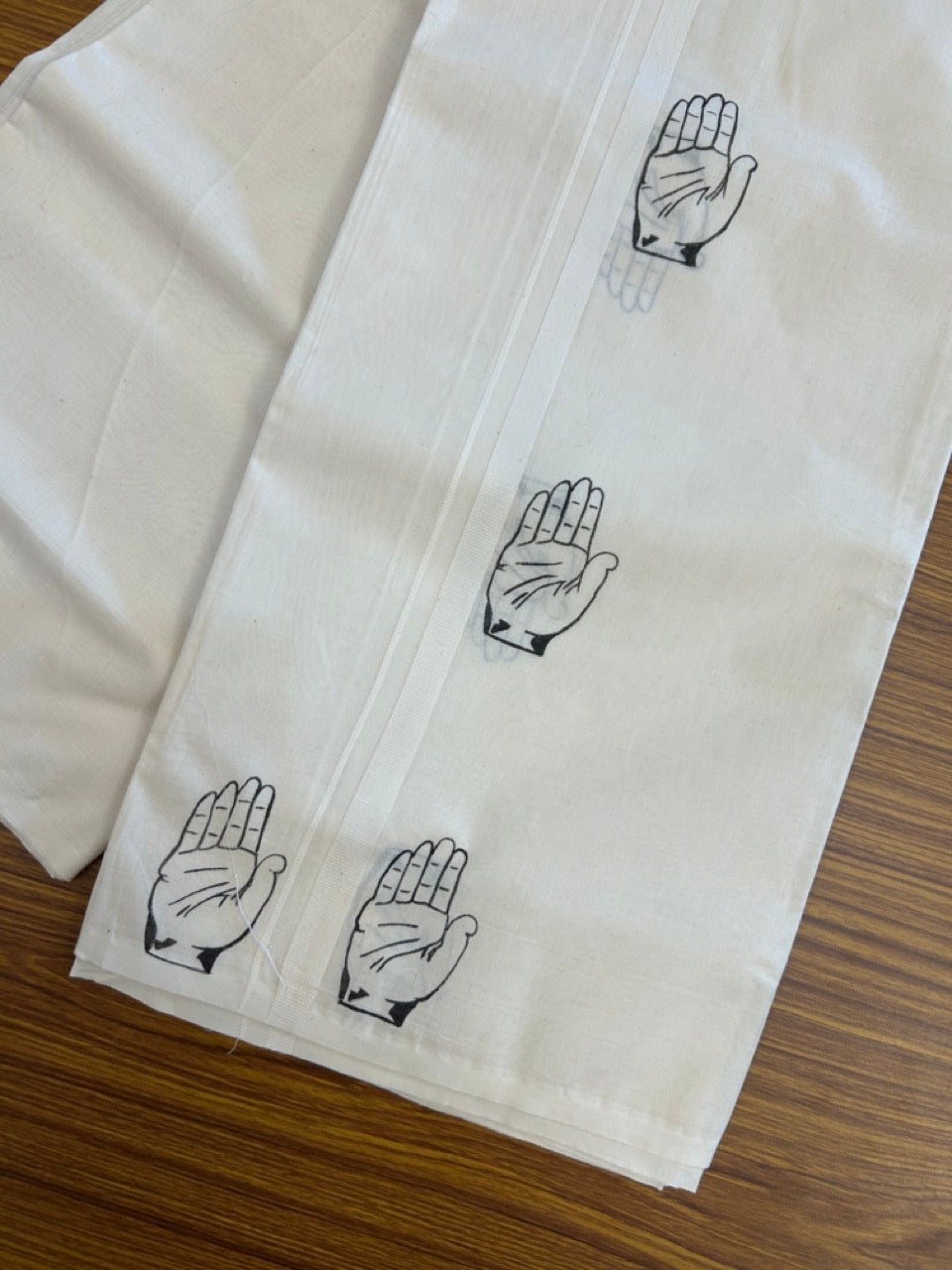 Congress Veshti - KaithariKada Balaramapuram 100% Cotton Double Off white - (Unbleached) Mundu/Dhoti-100x80 - 0.5 inch Hand Painted  Kaipathi Design Kara 4 mtr (8.5 muzham) - 20 KK5244 ASH