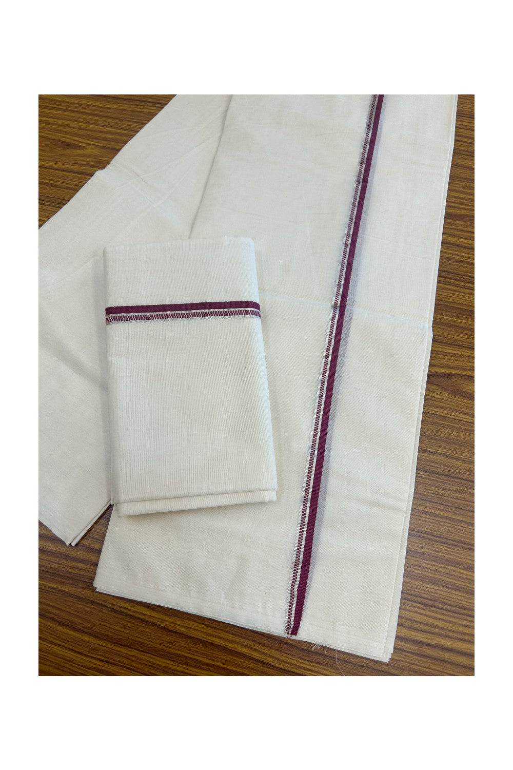 20% Discount!! KaithariKada Balaramapuram - 100% PURE Cotton Off White  (Unbleached) Mundu/Dhoti & Neriyath set - 1.5 cm Silver Kasavu & Dark Magenta Design Kara - 16KK5238 ASH