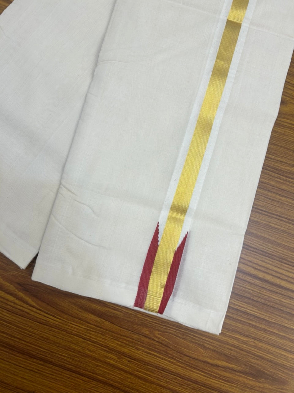 25% Discount ! KaithariKada Handloom Unakkupaav Balaramapuram -  Cotton Off White (Unbleached) Double Mundu/Dothi - 80x90 - 1.5 inch Puliyilakkara Kasavu Red chutty 3.85 mtr (8 muzham) - 104 KK5256 RAM