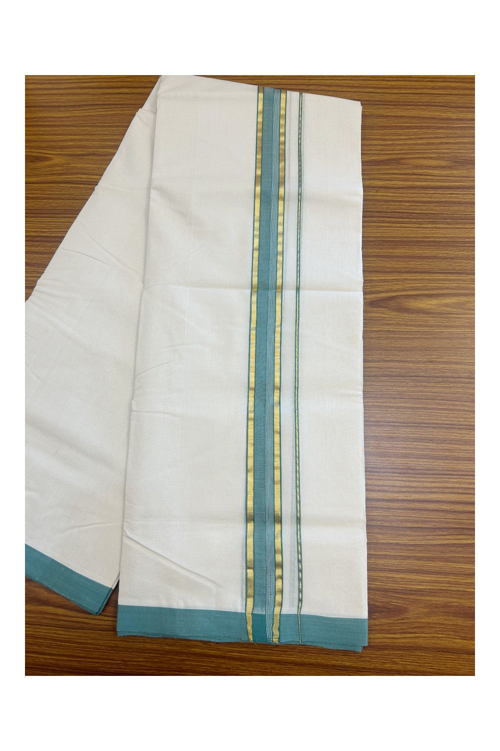 31% DISCOUNT!! KaithariKada HANDLOOM Millpaav Balaramapuram - 100% PURE Cotton OFF White Double - (Unbleached) Mundu/Dothi - 1.75 Inch Gold Kasav Green kara - 15kk5153RAM