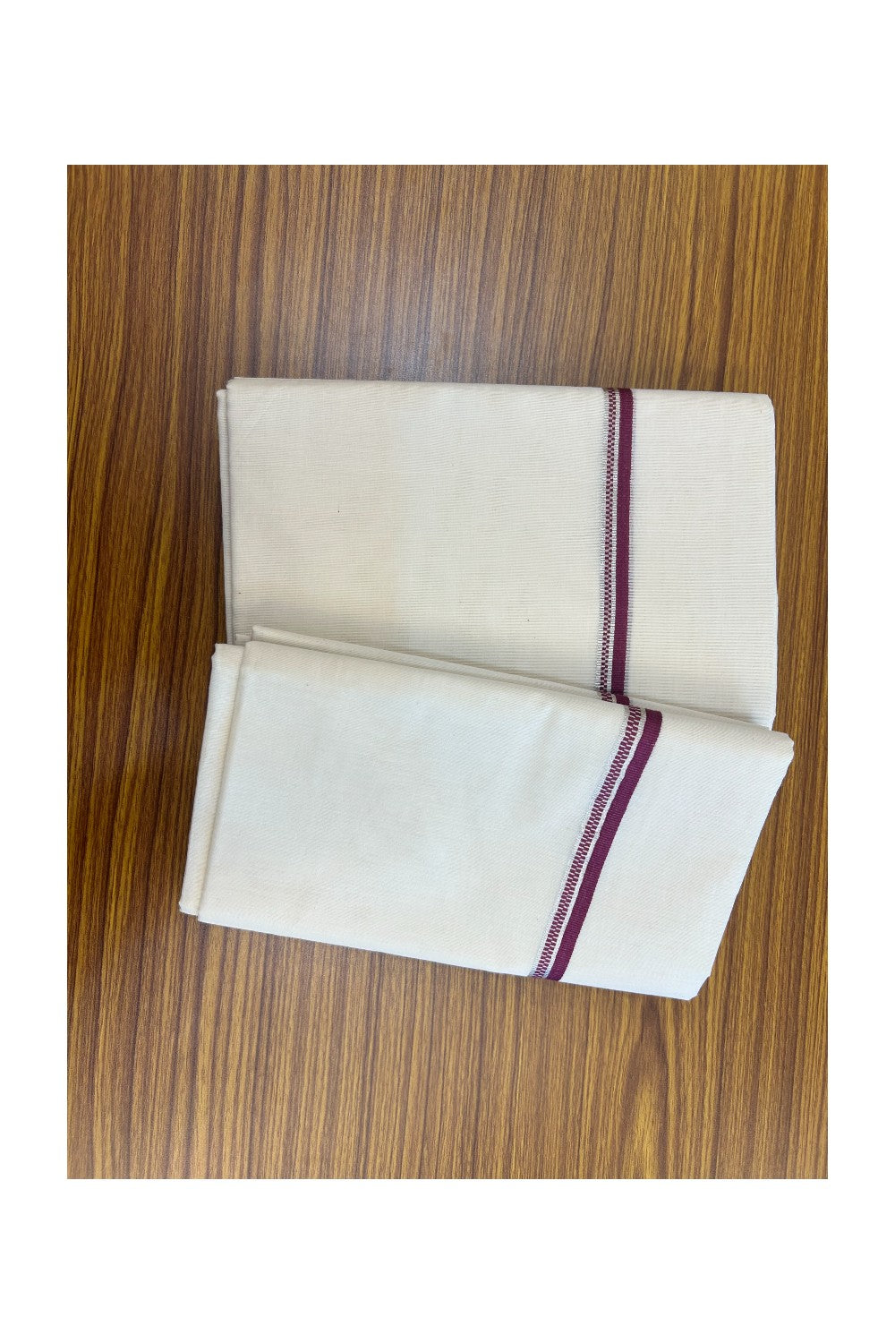20% Discount!! KaithariKada Balaramapuram - 100% PURE Cotton Off White  (Unbleached) Mundu/Dhoti & Neriyath set - 1.5 cm Silver Kasavu & Dark Magenta Design Kara - 16KK5238 ASH