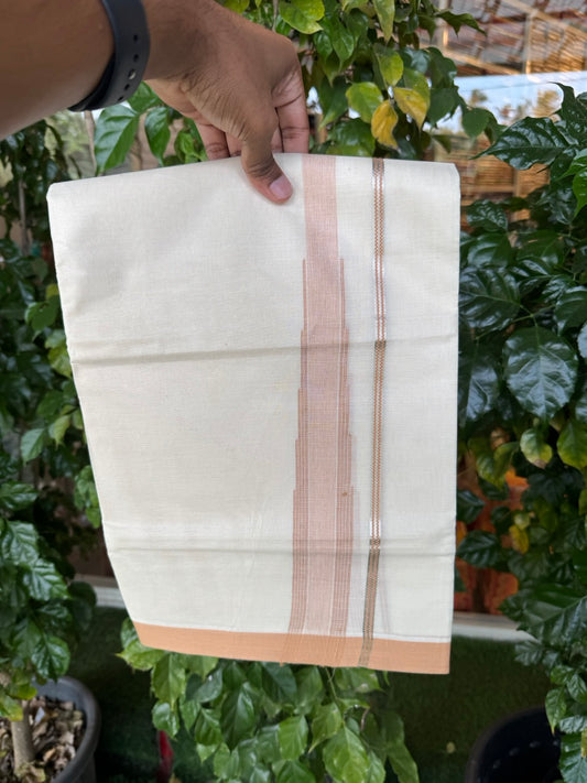 18% Discount! KaithariKada Balaramapuram 100% Cotton Off white Double Mundu/Dhoti - (100x80)s - 1.5 inch Puliyilakkara Peach Brown Stripes Chutty Silver Kasav - 150 KK5258 THI