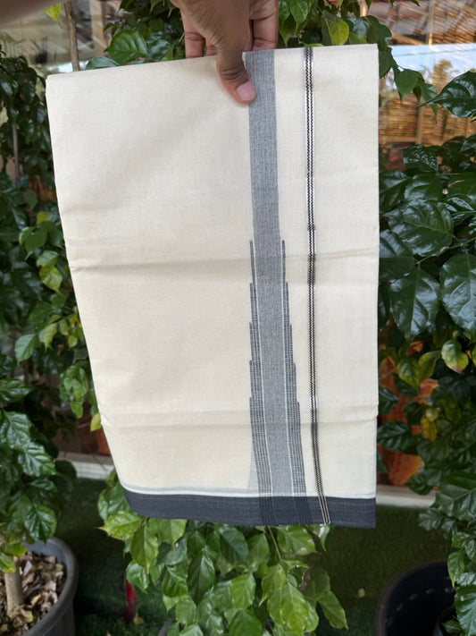 18% Discount! KaithariKada Balaramapuram 100% Cotton Off white Double Mundu/Dhoti - (100x80)s - 1.5 inch Puliyilakkara Black Stripes Chutty Silver Kasav - 151 KK5258 THI