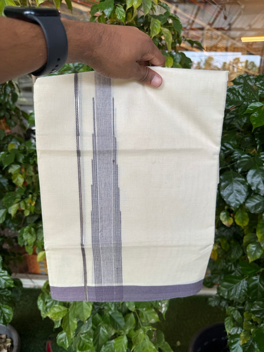 18% Discount! KaithariKada Balaramapuram 100% Cotton Off white Double Mundu/Dhoti - (100x80)s - 1.5 inch Puliyilakkara Lavender Violet Stripes Chutty Silver Kasav - 152 KK5258 THI
