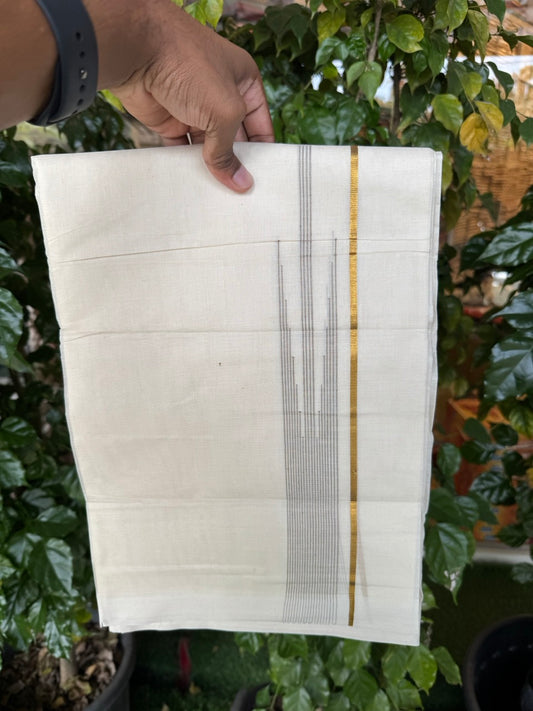 18% Discount! KaithariKada Balaramapuram 100% Cotton Off white Double Mundu/Dhoti - (100x80)s - 0.25 inch Puliyilakkara Light Sage Green Stripes Chutty Gold Kasav - 153 KK5258 THI
