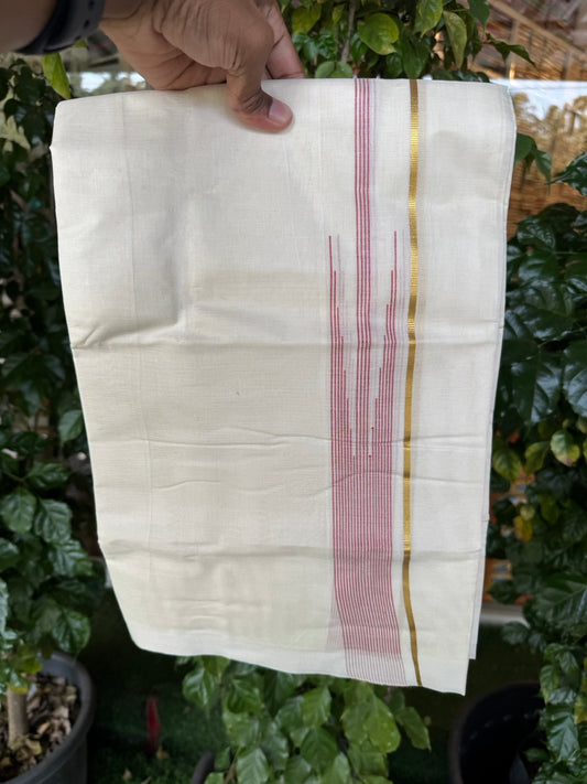 18% Discount! KaithariKada Balaramapuram 100% Cotton Off white Double Mundu/Dhoti - (100x80)s - 0.25 inch Puliyilakkara Pink Red Stripes Chutty Gold Kasav - 154 KK5258 THI