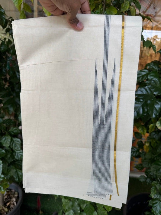 18% Discount! KaithariKada Balaramapuram 100% Cotton Off white Double Mundu/Dhoti - (100x80)s - 0.25 inch Puliyilakkara Black Stripes Chutty Gold Kasav - 155 KK5258 THI
