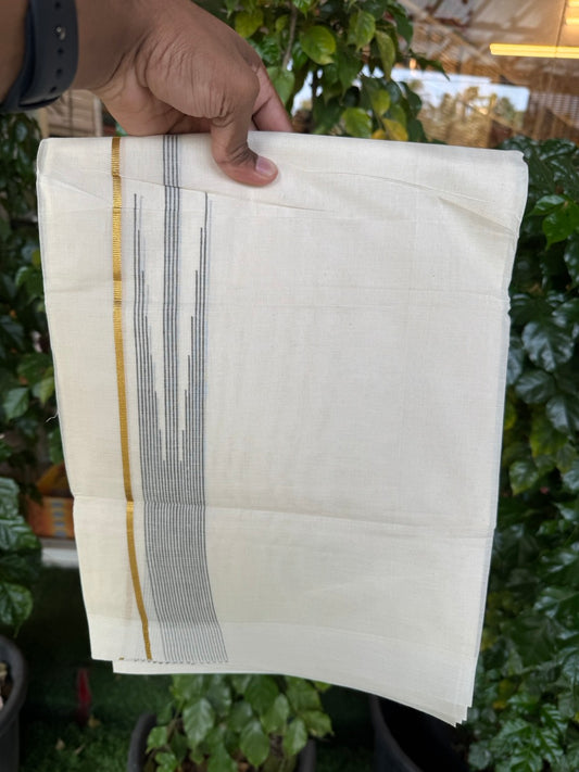 18% Discount! KaithariKada Balaramapuram 100% Cotton Off white Double Mundu/Dhoti - (100x80)s - 0.25 inch Puliyilakkara Dark Sage Green Stripes Chutty Gold Kasav - 156 KK5258 THI