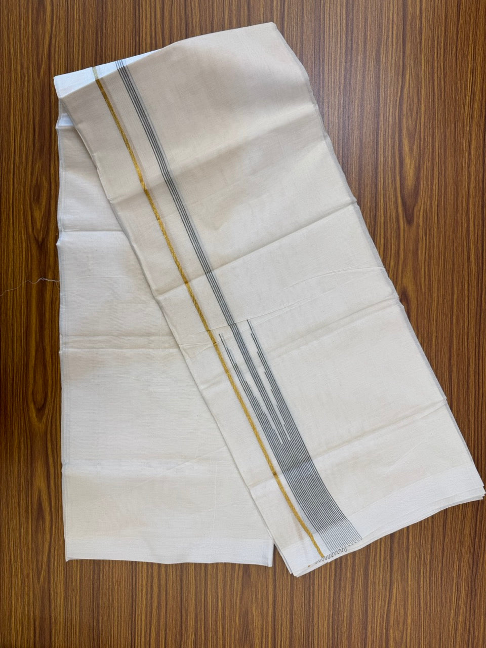 18% Discount! KaithariKada Balaramapuram 100% Cotton Off white Double Mundu/Dhoti - (100x80)s - 0.25 inch Puliyilakkara Dark Sage Green Stripes Chutty Gold Kasav - 156 KK5258 THI