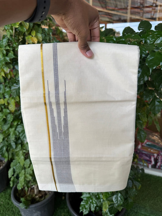 18% Discount! KaithariKada Balaramapuram 100% Cotton Off white Double Mundu/Dhoti - (100x80)s - 0.25 inch Puliyilakkara Dark Violet Stripes Chutty Gold Kasav - 157 KK5258 THI