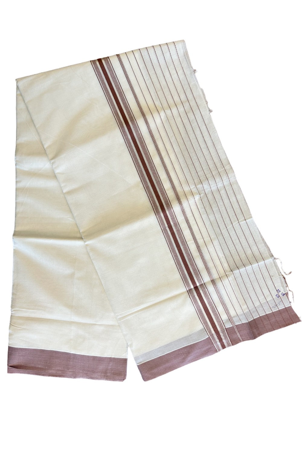 21% Discount !! KaithariKada Balaramapuram Double Off white (Unbleached) Mundu/Dhoti- 80x90- 7 inch Brown & Silver Striped kara 3.92m- 15KK457VIN