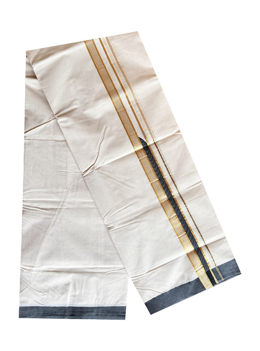20% DISCOUNT! KaithariKada Balaramapuram 100% Cotton Double Off white Mundu/Dhoti-100x100 1.5  inch Chutty Heavy Designer Black & Kasavu Kara-89