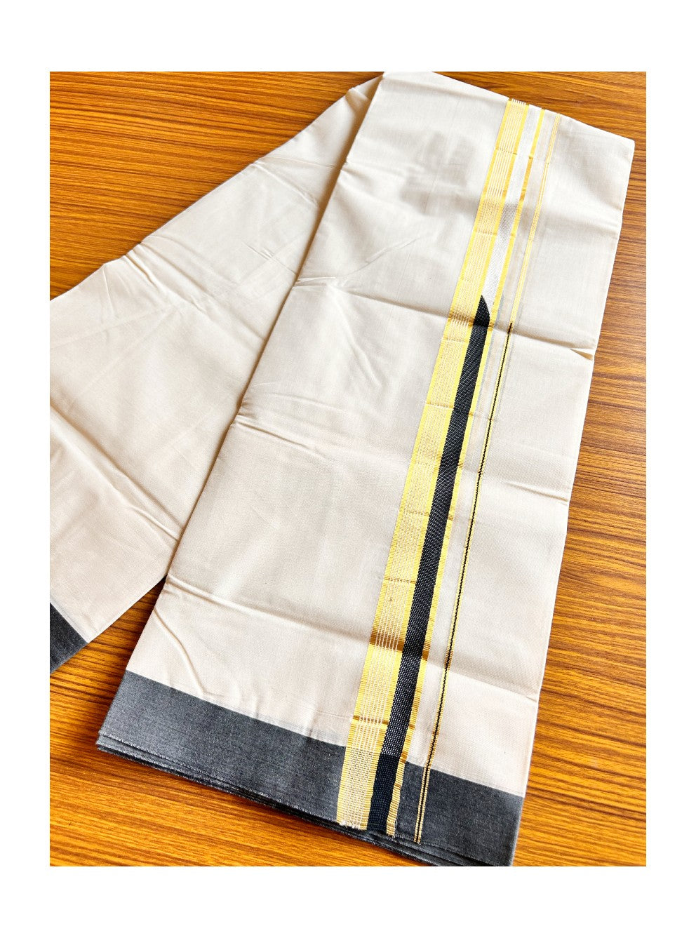 20% DISCOUNT! KaithariKada Balaramapuram 100% Cotton Double Off white Mundu/Dhoti-100x100 1.5  inch Chutty Heavy Designer Black & Kasavu Kara-89