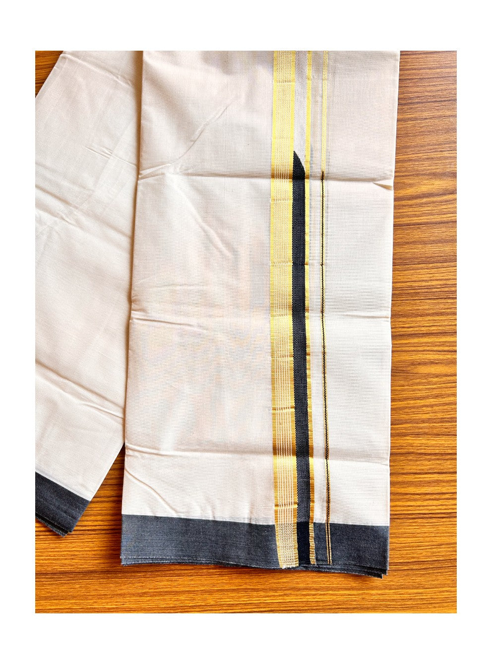 20% DISCOUNT! KaithariKada Balaramapuram 100% Cotton Double Off white Mundu/Dhoti-100x100 1.5  inch Chutty Heavy Designer Black & Kasavu Kara-89