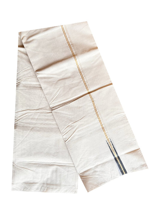 8% DISCOUNT! KaithariKada BALARAMAPURAM - 100% PURE Cotton 100x100 Double Mundu/Dhoti OFF WHITE - (Unbleached) PULIYILAKKARA Kasavu & Black  1.5 cm Chutty KARA-. ASH023.