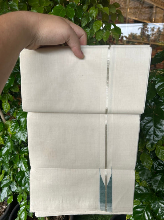 25% Discount!!! KaithariKada HANDLOOM UNAKKUPAAV Balaramapuram - 100% PURE Cotton OFF WHITE (Unbleached) Double Mundu/Dhoti - 80x90 - 1 inch Silver kasavu Green shaded chutty 4 Mtr (8.5 Muzham) - 16KK5235 YAR