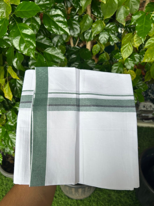 24% Discount !! KaithariKada Balaramapuram 100% Cotton Pure white Single Mundu/Dhoti - Twisted 60s Thread- 1.25 inch Green & Black Shaded Striped Kara (2 meter / 4 muzham) - 16KK5241 GL