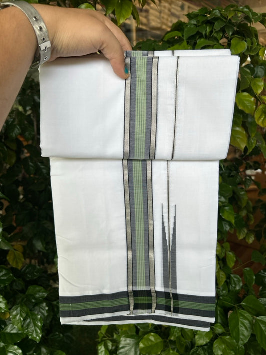 25% Discount!! NEW ULTRA PURE WHITE THREAD HANDLOOM Balaramapuram - 100% MERCERISED Cotton Double Mundu/Dhoti - 120 twisted warp x 80s weft - Green Black Stripes Silver Kasav Chutty Kara- 16KK5248 REA