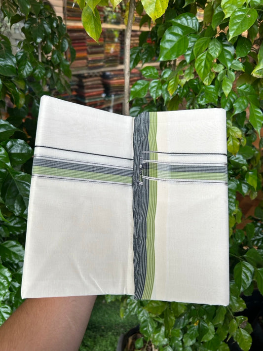 25% Discount!! KaithariKada HANDLOOM  UNAKKUPAAV Balaramapuram - 100% PURE Cotton OFF White - (Unbleached) Double Mundu/Dothi - 120 x 100 - 1.5 inch Black & Light Green Silver Kasav Striped Kara 4 meter - 16 KK5249 REA