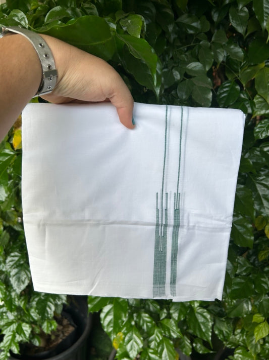 20% DISCOUNT!! NEW!! KaithariKada Balaramapuram 100% Cotton PURE WHITE Double Mundu/Dhoti - (100x80)s - 0.75 inch Dark Green Line chutty - 16 KK5249 VIN