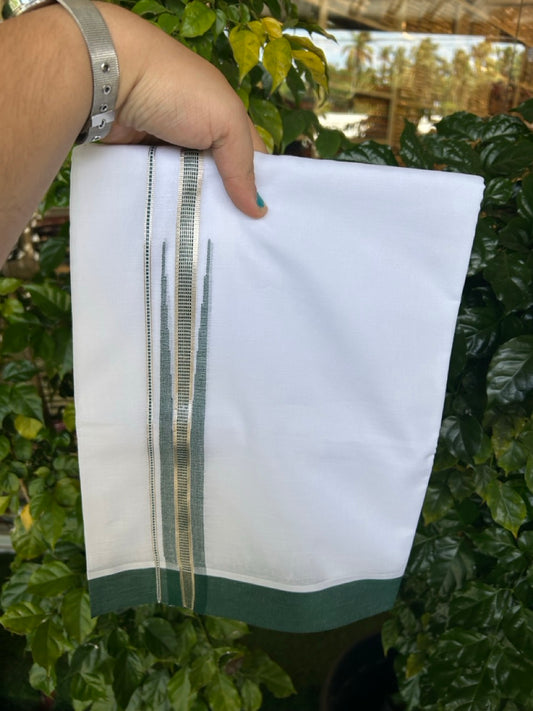 22% Discount ! NEW! KaithariKada Balaramapuram 100% Cotton Pure white Double Mundu/Dhoti - (100x80)s - Green Chutty Silver kasav - 16 KK5252 CKS