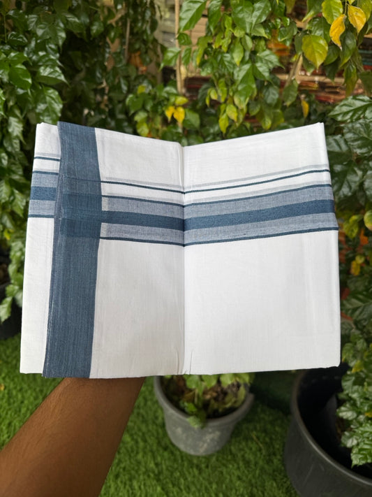 Short Dhoti Special - 28% Discount ! KaithariKada 100% Cotton Pure White Double Mundu / Dhoti - 100x80 - 45 inch Height 3.80 m Length  1.5 inch Navy Blue kara - 16 KK5258 THI