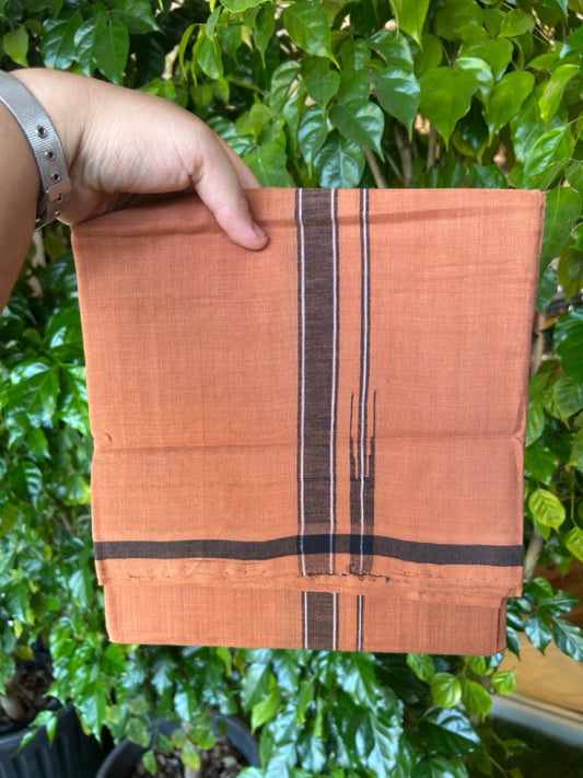 HANDLOOM Single KaithariKada - 10% Discount ! 100% Pure Cotton -  Mundu/Dhoti  KAVI COLOUR BODY 2cm BLACK & WHITE Kara Stripes Chutty (2 meter / 4 muzham)- 16KK8026ELA