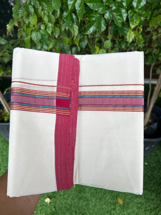 31% DISCOUNT!! KaithariKada HANDLOOM Millpaav Balaramapuram - 100% PURE Cotton OFF White Double - (Unbleached) Mundu/Dothi - 1.75 Inch Gold Peacock Blue Kasav Red kara - 16kk5153RAM