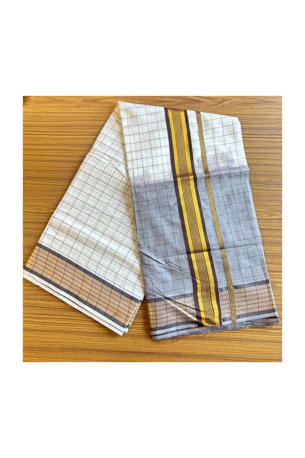 15% Discount! Kaitharikada Kerala Cotton Saree - Ash Color Dyed & Gold Kasavu Brown Striped Kara - 16KK1003HAR
