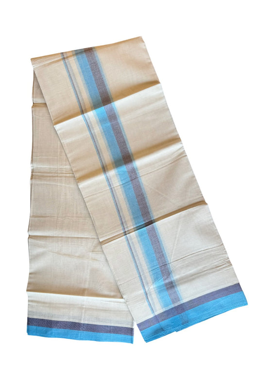 19% DISCOUNT ! KaithariKada Balaramapuram 100%  Cotton off white Double - (Unbleached) Mundu/Dhoti - 100X100  2.75 Inch Sky blue & Navy blue shaded kara with stripes - 16KK206VIN
