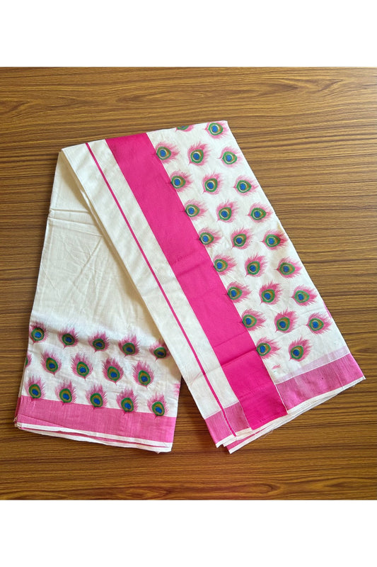 25% Discount! Kaitharikada Kerala Saree - Cotton Off white - Pink Kasavu with Peacock Prints- 16KK300VIN