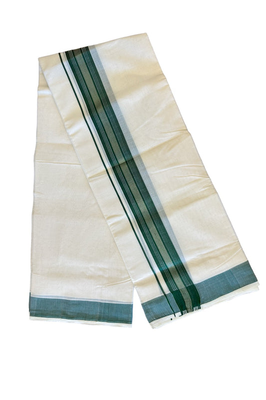 25% DISCOUNT!! KaithariKada HANDLOOM Millpaav Balaramapuram - 100% PURE Cotton OFF White (Unbleached) Double Mundu/Dothi - 2.75 inch Green & silver kasavu striped kara - 16KK410RAM