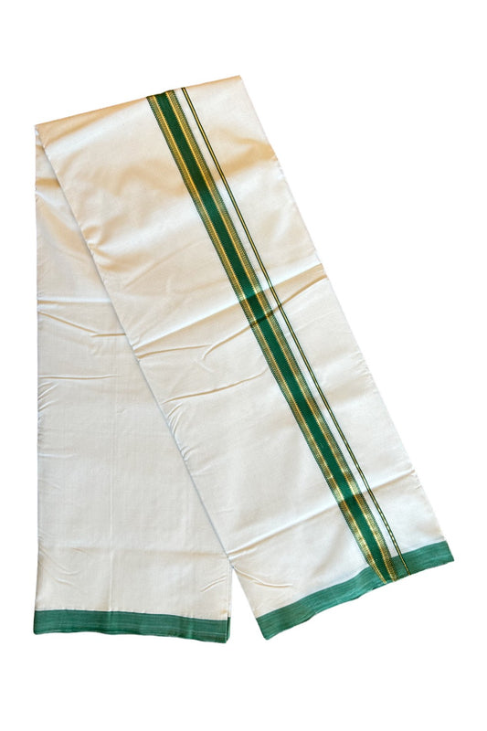 25% DISCOUNT!! KaithariKada HANDLOOM UNAKKUPAAV Balaramapuram - 100% PURE Cotton OFF White (Unbleached) Double Mundu/Dothi - 1.75 Inch Kasavu  & Green striped pattern Kara - 16KK456KK