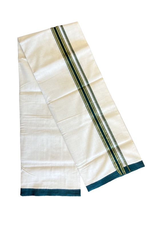 25% Discount!!! KaithariKada HANDLOOM UNAKKUPAAV Balaramapuram - 100% PURE Cotton off white (Unbleached) Double Mundu/Dhoti - 1.75 inch Kasavu & Dark green pattern kara - 16KK458SOM