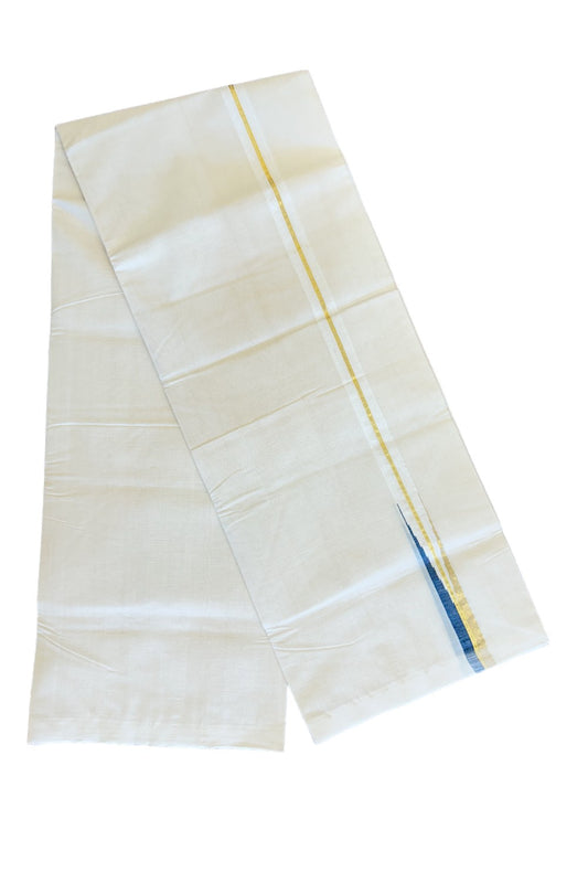 30% DISCOUNT!! KaithariKada HANDLOOM Millpaav Balaramapuram - 100% PURE Cotton OFF White - (Unbleached) Double Mundu/Dothi - 2 cm puliyilakkara Kasavu & Peacock blue chutty - 16KK476RAM