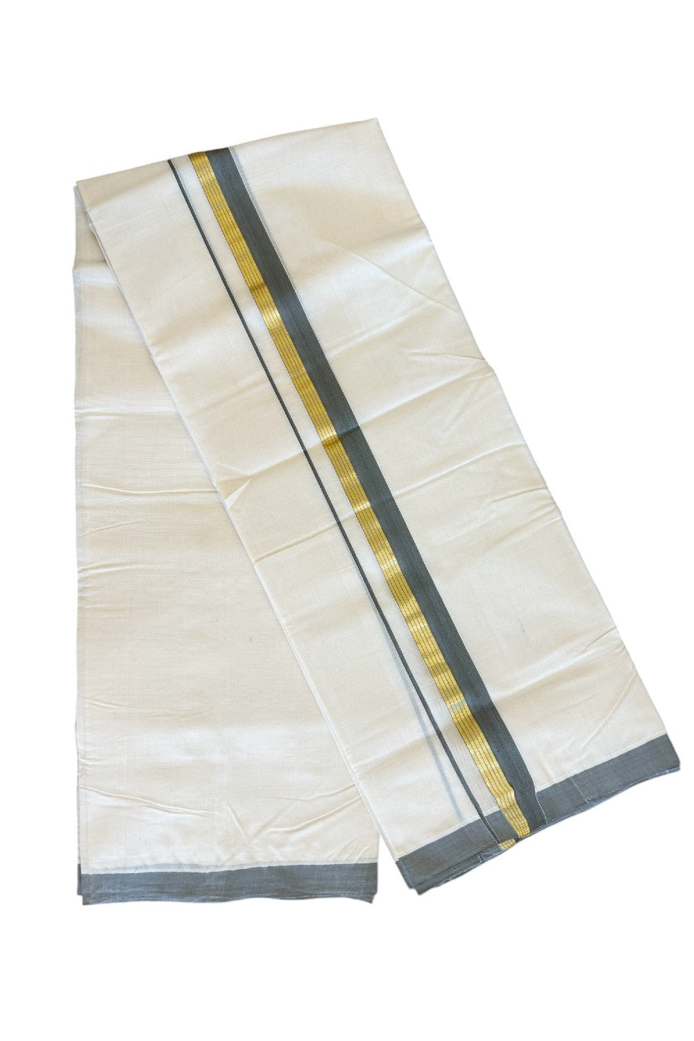 30% Discount KaithariKada HANDLOOM Unakkupaav Balaramapuram - 100% PURE Cotton Off White - (Unbleached) Double Mundu/Dhoti - 2 inch  Kasavu & GREY Kara- 16KK498KK