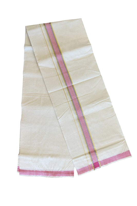 30% Discount KaithariKada 100% Cotton Balaramapuram HANDLOOM Single Mundu/Dhoti - Off White - (Unbleached)  1.75 Silver Pink & Blue Striped Kara (2 meter / 4 muzham) - 16KK499KK