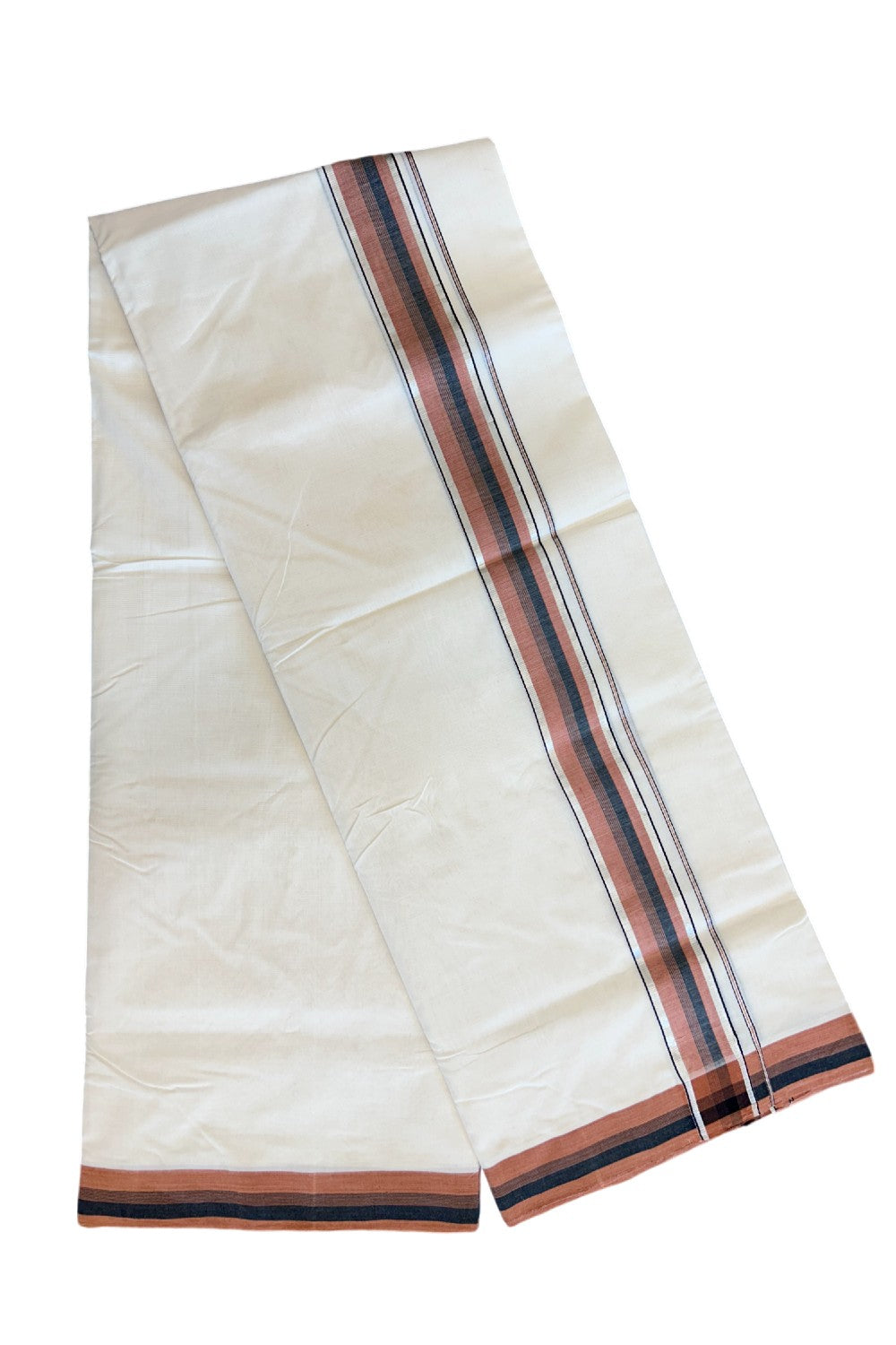 25% Discount!!! KaithariKada HANDLOOM UNAKKUPAAV Balaramapuram - 100% PURE Cotton off white - (Unbleached) Double Mundu/Dhoti - 2 inch Silver kasavu Brown & Black striped kara - 16KK5011RAM