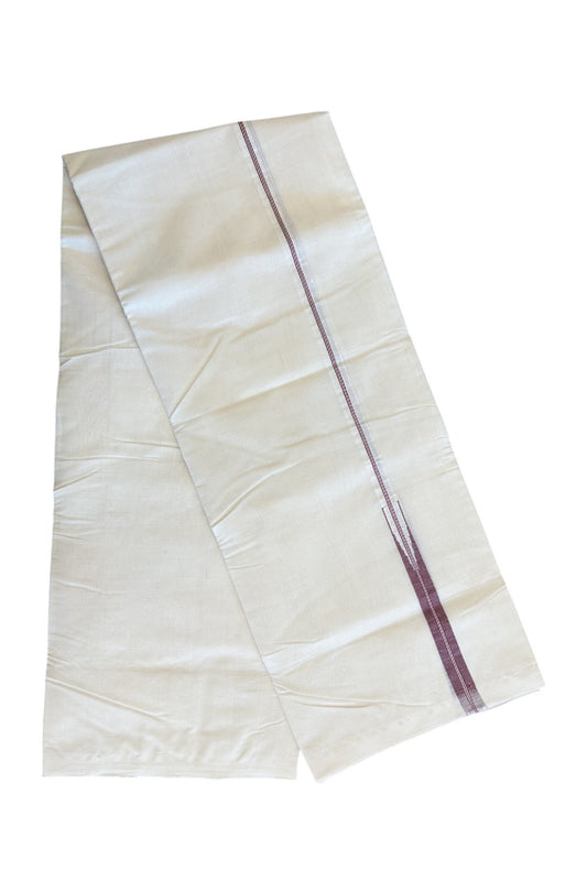 30% DISCOUNT!! KaithariKada HANDLOOM Millpaav Balaramapuram - 100% PURE Cotton OFF White (Unbleached) Double Mundu/Dothi - Maroon stripes big puliyilakkara chutty- 25KK86RAM
