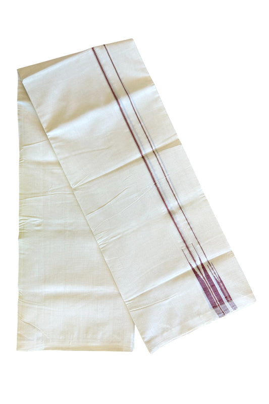 30% Discount KaithariKada HANDLOOM Millpaav Balaramapuram - 100% PURE Cotton Off white - (Unbleached) Double Mundu/Dhoti - 1 inch Puliyilakkara Muthukuri Silver Kasavu & Red double Chutty - 16KK5123RAM
