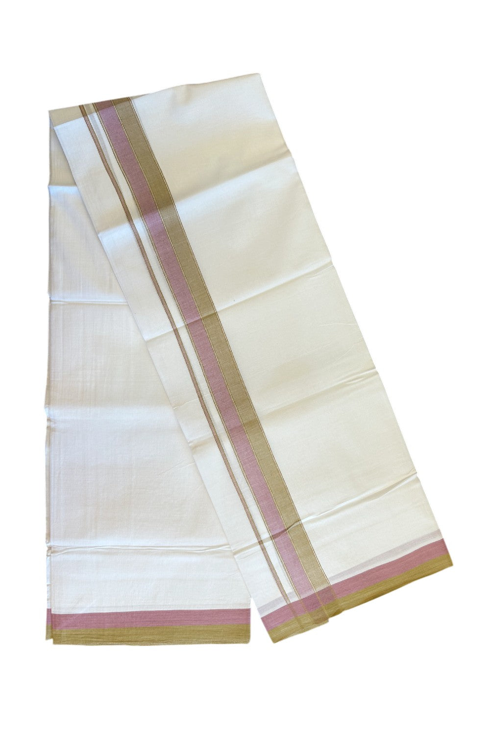 28% DISCOUNT! KaithariKada Balaramapuram 100% Cotton PURE WHITE Double Mundu/Dhoti - 100x80 - 1.75 inch Light Brown & Rose Pink shaded designer kara - 14KK5134THI