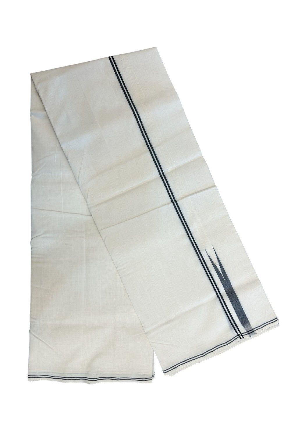 25% DISCOUNT!! KaithariKada HANDLOOM  UNAKKUPAAV Balaramapuram - 100% PURE Cotton OFF White - (Unbleached) Double Mundu/Dothi - 100X100 - 1 cm Black stripes Puliyilakkara Black chutty  - 5KK5167REA