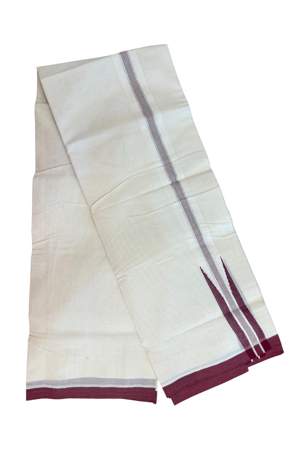 15% DISCOUNT ! KaithariKada Balaramapuram 100% Cotton DOUBLE OFF WHITE Mundu/Dhoti (Unbleached)  - 100X80 - 1.5 inch Puliyilakkara MAROON SILVER Big chutty - 16KK5171GAN