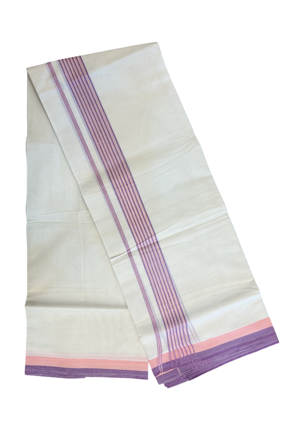 20% DISCOUNT ! KaithariKada Balaramapuram 100% Cotton Double off white (Unbleached) Mundu/Dhoti - 100X80 - 1.5 inch Violet & Peach Stripes kara - 15KK5172PMC