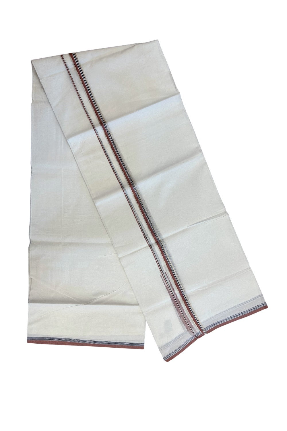 20% Discount !! Kaitharikada Balaramapuram 100% Cotton PURE WHITE DOUBLE Mundu/Dothi- 100X80 Thread - 0.5 inch - Silver Kasavu Brick Red & Black Design Chutty Kara - 16KK5184RAMS