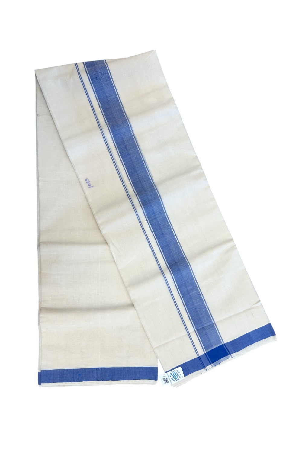 25% Discount KaithariKada HANDLOOM Unakkupaav Balaramapuram - 100% PURE Cotton off white (Unbleached) Double Mundu/Dhoti - 80X90 - 2 inch Blue Stripes Kara 3.80 mtr - 16KK5192ELA