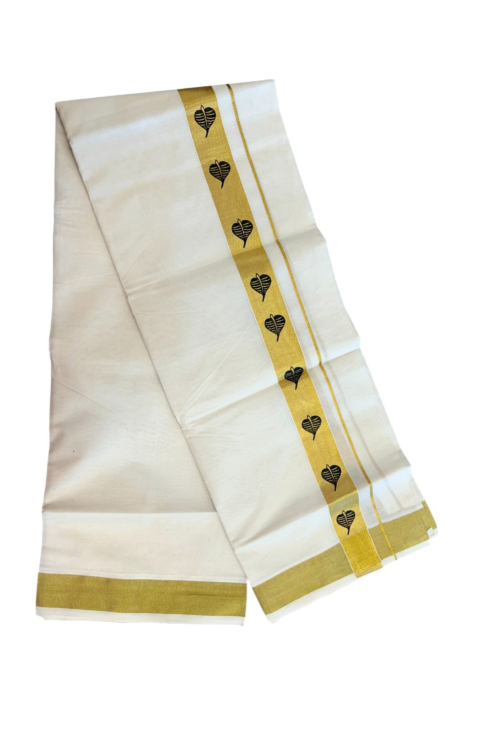 22% Discount!! KaithariKada Balaramapuram 100% Cotton DOUBLE OFF WHITE - (Ubleached) Mundu/Dhoti - 80x90 - 1.5 inch Gold Kasavu with Black Leaf Printed Design Kara - 16KK5219 GAN