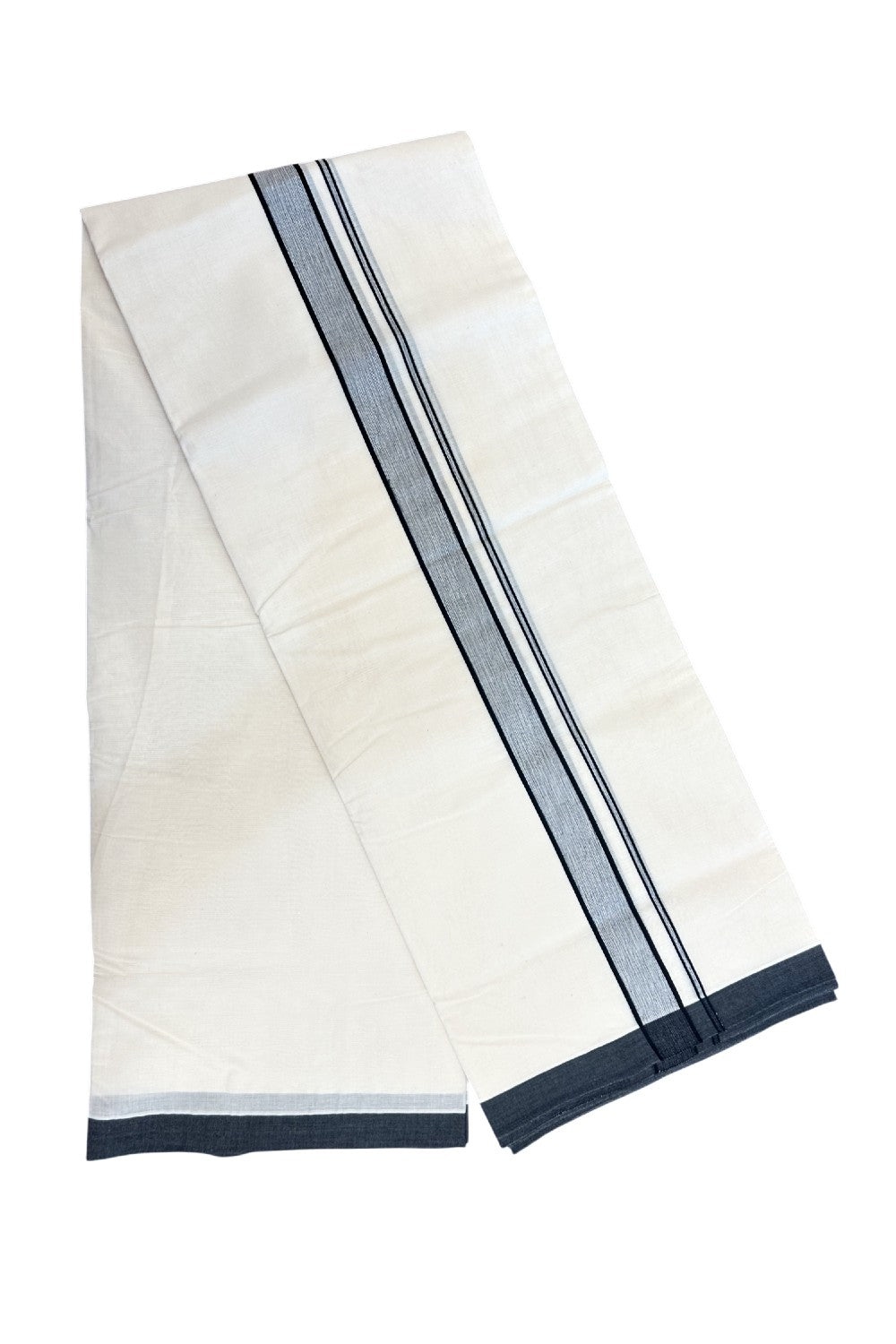 20% Discount KaithariKada Balaramapuram 100% Cotton Double Off white - (Unbleached) - Mundu/Dhoti - 100x100 - 1.25 inch Black Shaded Kara - 16KK5226 ASH